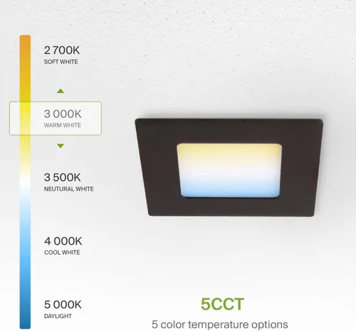 Vista 6 de ASD Iluminación empotrable cuadrada LED ultrafina de 3 pulgadas, bronce aceitado con 5 temperaturas de color, regulable, clasificación IC, brillo
