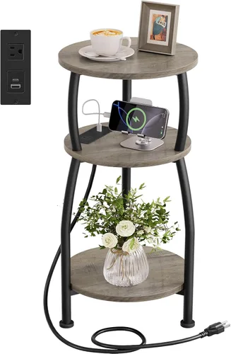 Vista 15 de Mesa auxiliar redonda con toma de corriente y puertos USB, mesa auxiliar de 3 niveles con estante de almacenamiento, mesita de noche rústica