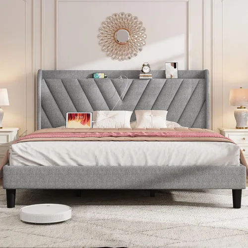 Vista 118 de koorlian Base de cama Queen con cabecero, base de cama tapizada ajustable con puertos tipo C y USB, cabecera de almacenamiento con respaldo de ala