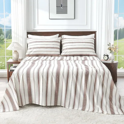 Juego de sábanas de lino 100 % tamaño Queen, transpirables y duraderas, juego de sábanas de lino a rayas de 4 piezas, ropa de cama suave para todas