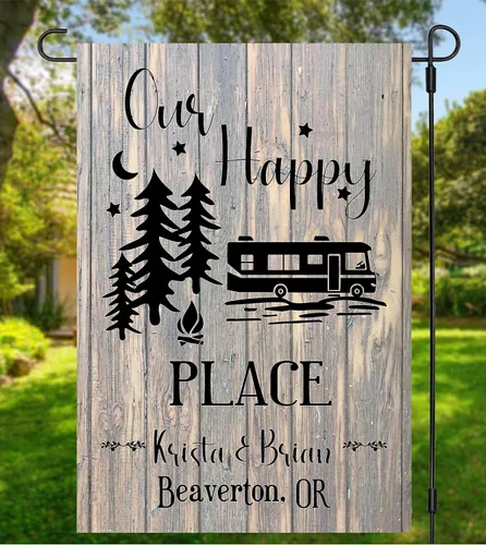 Vista 4 de Personalized Camper flag for campsite - Custom outdoor campsite decoration sign - Happy Camper gift for camper - Decor for RV and trailer, Our Happy