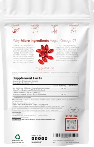Vista 2 de Aceite vegano de espino amarillo Omega 7 de 6,000 mg, 240 cápsulas blandas vegetarianas 2 en 1 con aceite de onagra Soporte natural