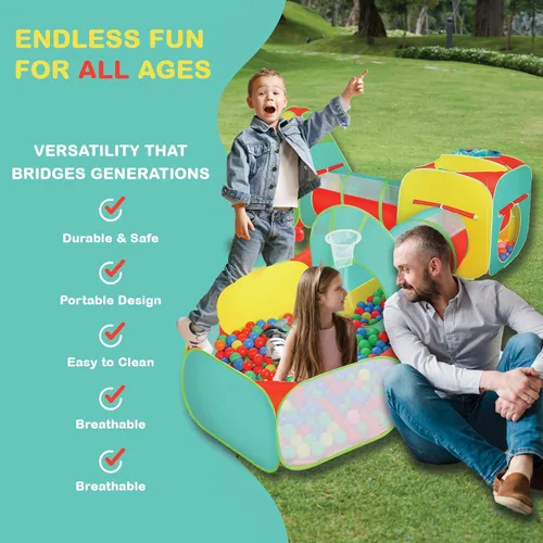 Vista 4 de Tienda de campaña de 5 piezas para niños pequeños con hoyo de bolas, túnel de gateo, casa de juegos interior y exterior, gimnasio de la selva