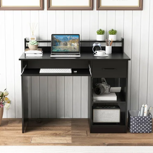 Vista 2 de Escritorio para computadora con cajones, mesa de estudio con estantes de almacenamiento, bandeja para teclado, mesa de tocador de maquillaje de Negro