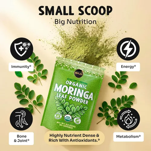 Vista 3 de MAJU - Polvo de moringa orgánico (1 libra), hoja de oleífera, calidad extrafina, hojas de árbol de baquetas secas, para té, batidos, grado