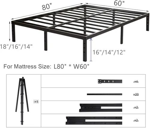 Vista 2 de Marco de cama tamaño Queen con soporte de listones de acero, resistente y duradero, no necesita somier, marcos de plataforma de metal resistente