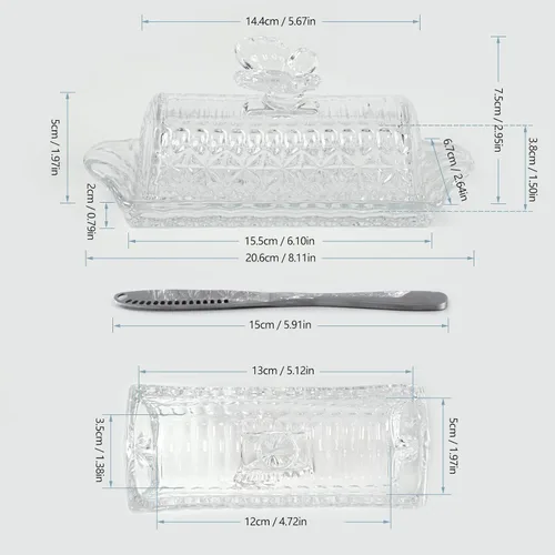 Vista 2 de HOWOK - Mantequillera de cristal con tapa y cuchillo de mantequilla de acero inoxidable, mango de mariposa, cubierta gruesa, soporte