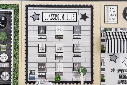 Vista 5 de Teacher Created Resources Modern Farmhouse Black con borde enrollado festoneado gris – 50 pies – Decora tablones de anuncios, paredes, escritorios