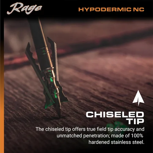 Vista 4 de Rage Hypodermic NC 2-cuchillas de 100gr para caza de punta ancha (R38100), punta híbrida, sin collar de bloqueo de cuchillas de 0,035” de grosor