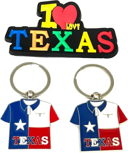 Vista 6 de Juego de 2 llaveros de recuerdo de Texas con imán para nevera con texto en inglés "I Love Texas", Diseño de horizonte de Dallas, Mediana