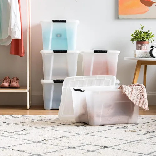 Vista 5 de IRIS USA Contenedores de almacenamiento de plástico apilables de 40 cuartos de galón con tapas, paquete de 6 unidades, sin BPA, fabricados en Perla