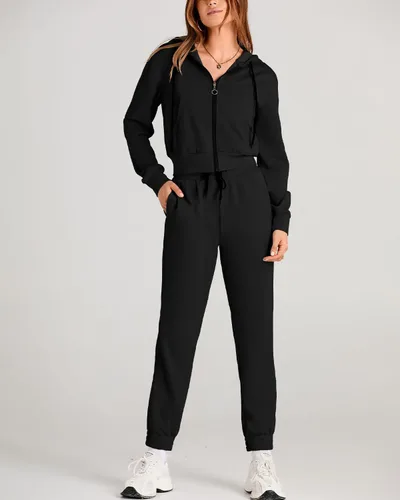 Vista 4 de Amkoyam Conjunto de dos piezas para mujer, de manga larga, con cremallera, sudadera con capucha y pantalones largos