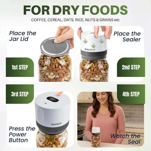 Vista 6 de Sellador al vacío recargable RoboSeal para tarros Mason de boca ancha y regular, operación con un toque, incluye 10 tapas de tarro y abretarro