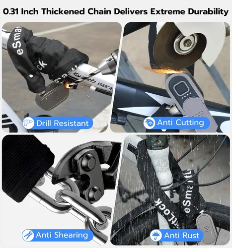 Vista 8 de Anweller Cerradura de cadena para bicicleta de huellas dactilares, resistente al robo, resistente a la intemperie, aplicación Bluetooth bloqueo