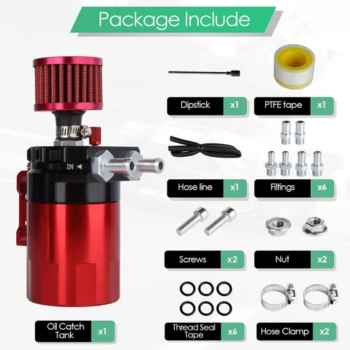 Vista 6 de Kit universal de captura de aceite para coche con depósito de aluminio pulido con deflector, tanque de reserva de 300ml con respiradero, cilindro