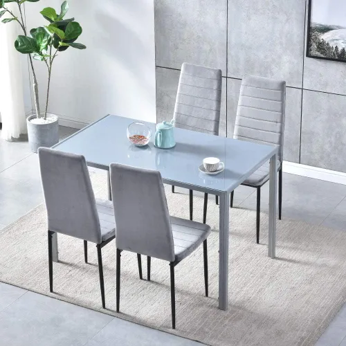 Vista 2 de Juego de 4 mesas de comedor y sillas modernas de 5 piezas para cocina pequeña, mesa rectangular de vidrio templado y 4 sillas de terciopelo gris