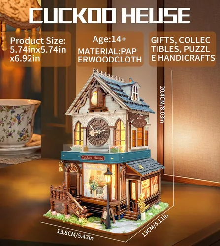Vista 2 de Spilay Kit de casa en miniatura de bricolaje, kit de casa de muñecas con caja de música, casa de cuco 3D rompecabezas de madera para adultos