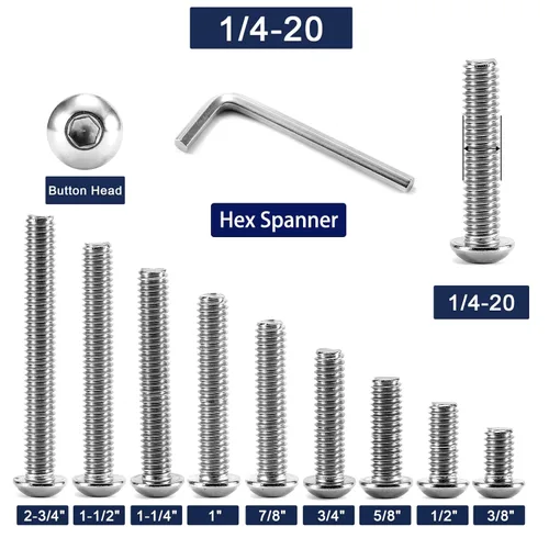 Vista 3 de Tornillos de cabeza de botón con casquillo de 1/4-20 x 1, 10 piezas de acero inoxidable 304 18-8, accionamiento hexagonal Allen, acabado brillante