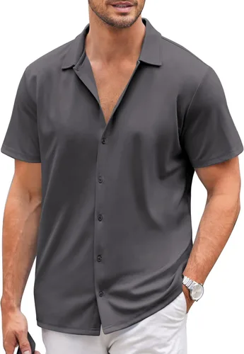 Vista 26 de COOFANDY Camisa casual con botones para hombre, manga corta, sin arrugas, camisa de verano