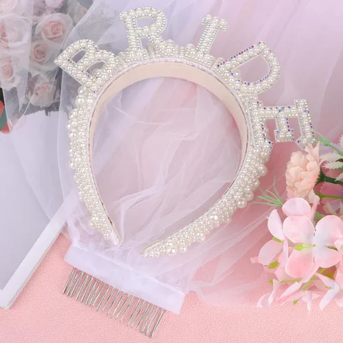 Vista 5 de Casoty Diadema de perlas para novia con velo de novia, decoraciones de despedida de soltera, despedida de soltera, suministros de despedida