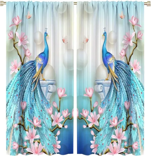 Vista 43 de Cortinas opacas de pavo real, hermoso patrón de estampado de flores de pavo real azul, estampado de mariposas y pavo real, juego de 2 paneles