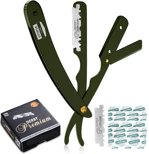 Vista 10 de Utopia Care - Rasuradora de seguridad profesional, para peluquero, de borde recto, con 100 cuchillas Derby, 100 % acero inoxidable, (negro)