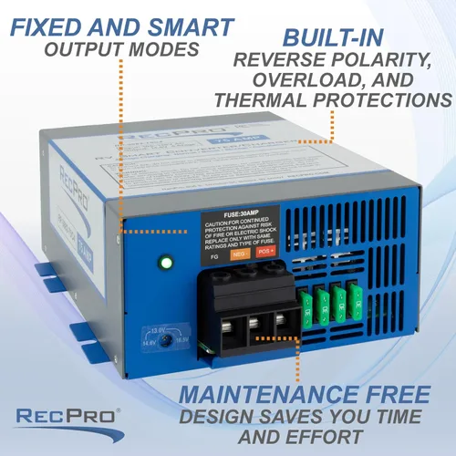 Vista 8 de RecPro Convertidor para RV de 75 Amp Convertidor de energía para RV y cargador de batería Carga inteligente de 4 etapas 120VAC a 12VDC Rango