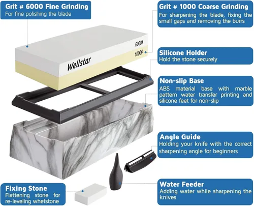 Vista 2 de Kit de piedra para afilar cuchillos, piedra de afilar de doble cara de grano 1000/6000 con guía de ángulo/soporte base antideslizante, piedra