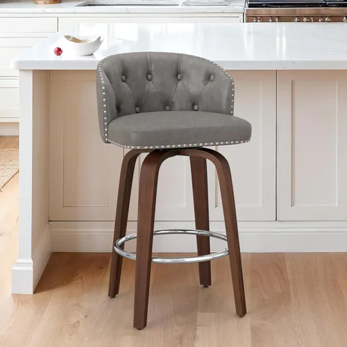 Vista 13 de Cozyman Juego de 2 taburetes de bar giratorios, 26" altura de mostrador, taburete de bar de cuero PU con patas y respaldo de madera de nogal, sillas