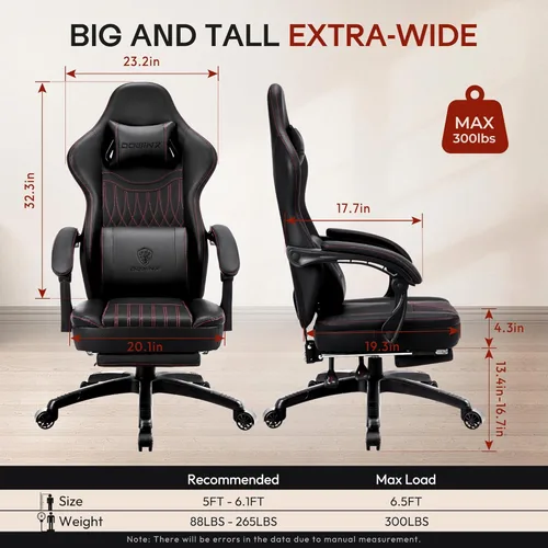 Vista 3 de Dowinx Silla de Juegos de Cuero PU Transpirable para Jugadores con Reposapiés, Soporte Lumbar de Masaje, Silla de Computadora Reclinable Ergonómica