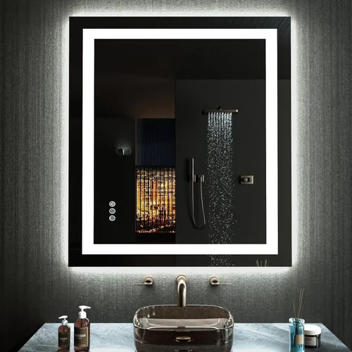 Vista 78 de LOAAO Espejo de Baño LED de 32"X36" con Luces, Anti-Empañamiento, Regulable, Retroiluminado + Iluminado Frontal, Espejo de Tocador de Baño Iluminado