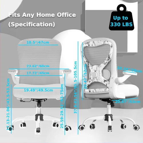 Vista 8 de Silla de escritorio de oficina con soporte lumbar ergonómico, cojín de asiento extra grueso, brazos abatibles, respaldo de malla transpirable, silla