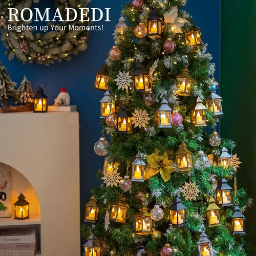 Vista 8 de Romadedi Mini faroles decorativos para centro de mesa, 10 faroles pequeños colgantes dorados a granel con velas LED parpadeantes para decoración