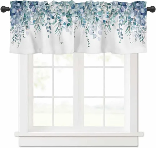 Vista 35 de Cortinas Swag con Cenefas de Hojas Botánicas de Eucalipto, Cortinas de Ventana de Cocina, Acuarela de Hojas de Plantas, Tratamiento para Ventanas