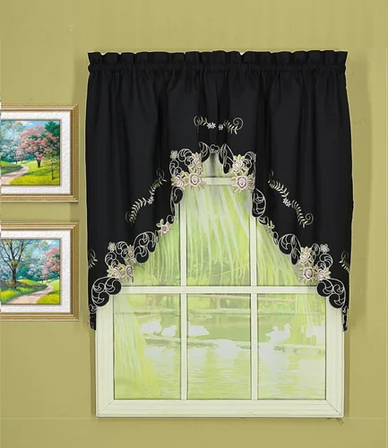 Vista 27 de Today's Curtain Verona cenefa bordada inversa, 14 pulgadas, negro/rosa, 60 pulgadas de ancho x 14 pulgadas de largo