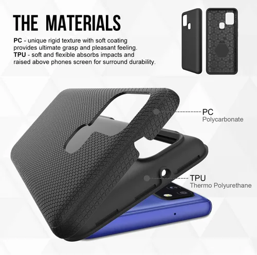 Vista 2 de Funda para Samsung Galaxy A21S, doble capa, agarre mejorado, arañazos, textura rígida, botón independiente (negro)