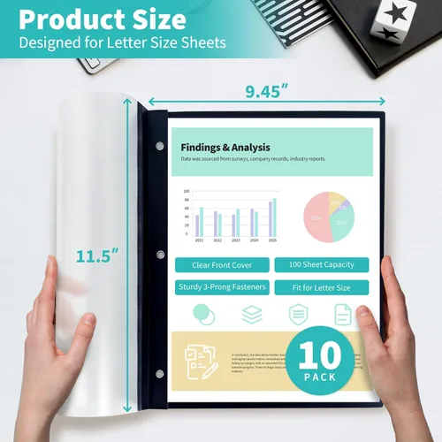 Vista 2 de Binditek Paquete de 10 portadas de informes frontales transparentes resistentes con 3 puntas, capacidad para 100 hojas, carpeta de informes