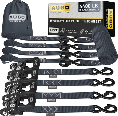 Vista 14 de AUGO Correas de trinquete retráctiles autobloqueantes 4 correas de amarre retráctiles de servicio pesado con autotensado con bucles suaves y bolsa