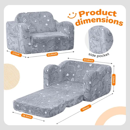 Vista 2 de MeMoreCool Sofá de dinosaurio para niños, silla plegable para niños pequeños, sofá abatible que brilla en la oscuridad, asiento convertible