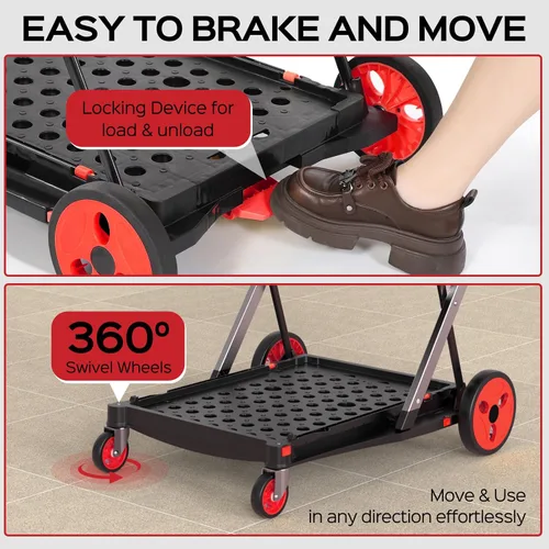 Vista 6 de Carrito de compras plegable con ruedas, capacidad de 200 libras, carrito de comestibles con ruedas con caja de almacenamiento, carro de mano con Rojo