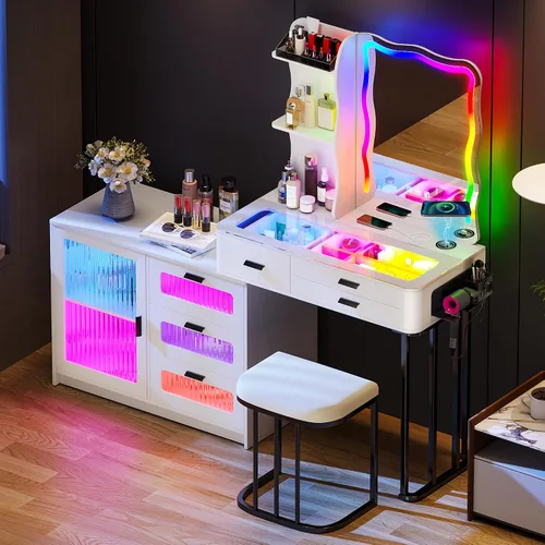 Vista 10 de Lvifur Escritorio de tocador 3 en 1 con espejo y luces, mesa de tocador de maquillaje con taburete acolchado, mesa de tocador compacta y escritorio
