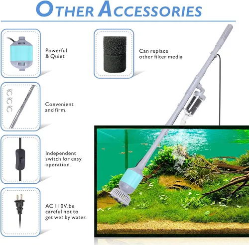 Vista 5 de hygger Limpiador de grava eléctrico para acuario de 360GPH, juego de herramientas de limpieza automática para tanque de peces 5 en 1, aspirador