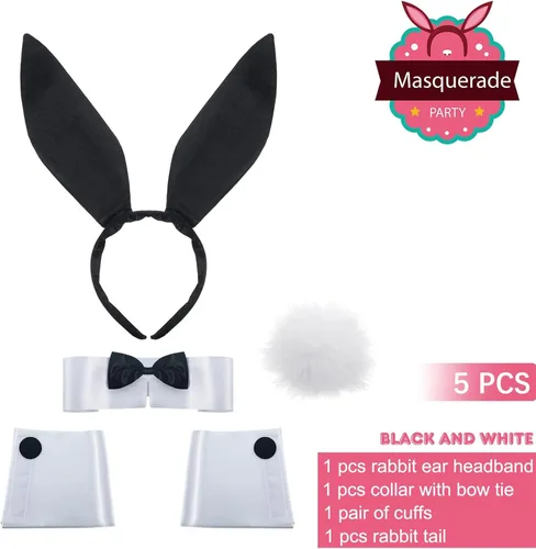 Vista 2 de Conjunto de accesorios de conejo para mujer, diadema de orejas de conejo, corbatín, puños, disfraz de cola de conejo para Pascua, fiesta y cosplay