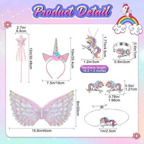 Vista 2 de Geyoga Vestido de princesa de unicornio para niñas, disfraz de unicornio arcoíris con diadema, varita justa, accesorios de joyería