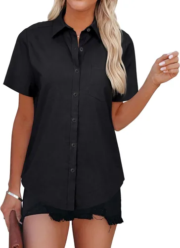 Vista 2 de Womens Short Sleeve Button Down Shirts Stretch Oxford Shirts Cotton Dress Shirt Collared Blouse Formal Work Tunic Tops