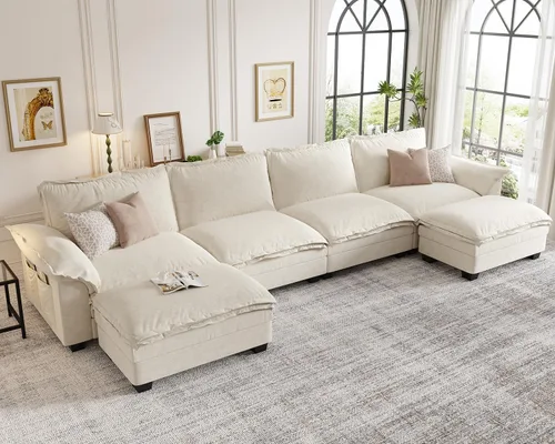 Vista 11 de KKL Sofá cama modular seccional, sofá de nube de 4 plazas con otomana, sofás seccionales de felpilla para sala de estar, apartamento, beige
