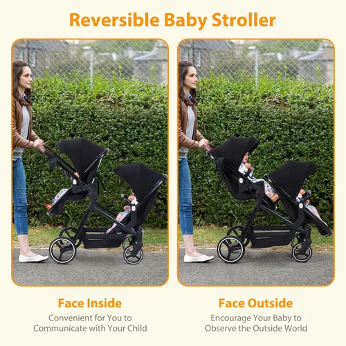 Vista 3 de Cochecito doble para bebés y niños pequeños, cochecito tándem reversible con plegado con una sola mano, arnés de 5 puntos, toldo ajustable
