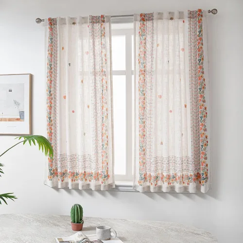 Vista 8 de MYSKY HOME Cortinas de cocina florales de lino de 36 pulgadas de largo, juego de 2 paneles sobre el fregadero, cortinas de media ventana