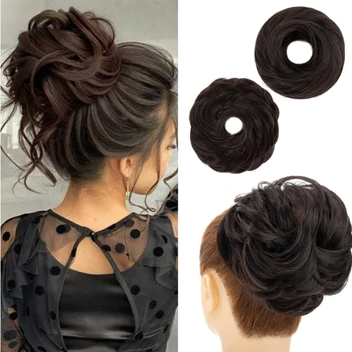S-noilite 2 maneras de moño desordenado para mujer, rizado, ondulado, pelo falso, coletero, extensión de cabello para cola de caballo (4A#) marrón