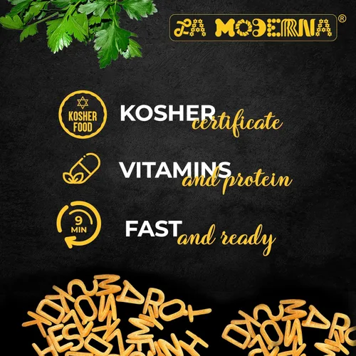Vista 3 de La Moderna Alphabet Pasta, fideos, trigo duro, proteínas, fibra, vitaminas, 7 onzas, paquete de 20